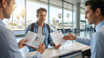 Customer presenting a driving licence at a car rental desk in Los Angeles