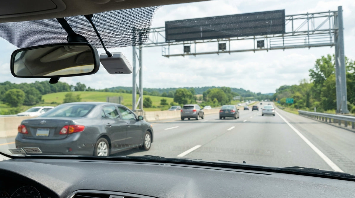 A car rental driving through the scenic rolling hills of Pennsylvania on a sunny highway