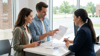 A car rental drives on a scenic road through the colorful autumn forests of the Pennsylvania countryside