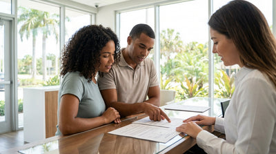 A convertible car rental driving down a sunny, palm-lined road in coastal Florida