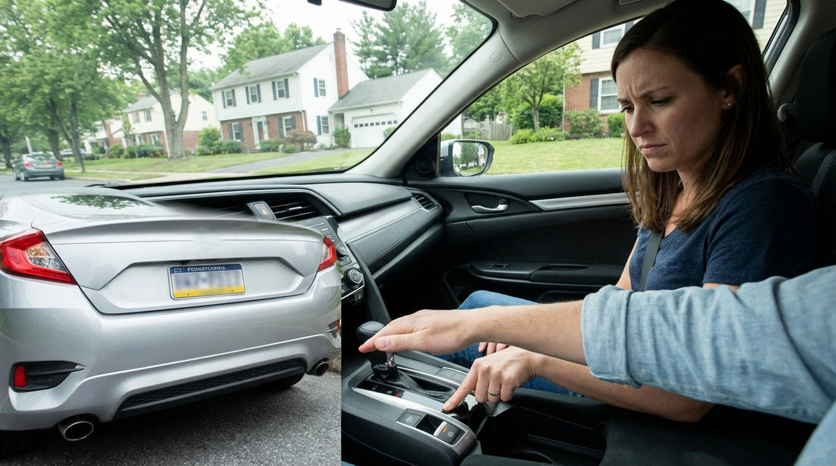 The illuminated electronic parking brake button on the console of a modern car hire in Pennsylvania