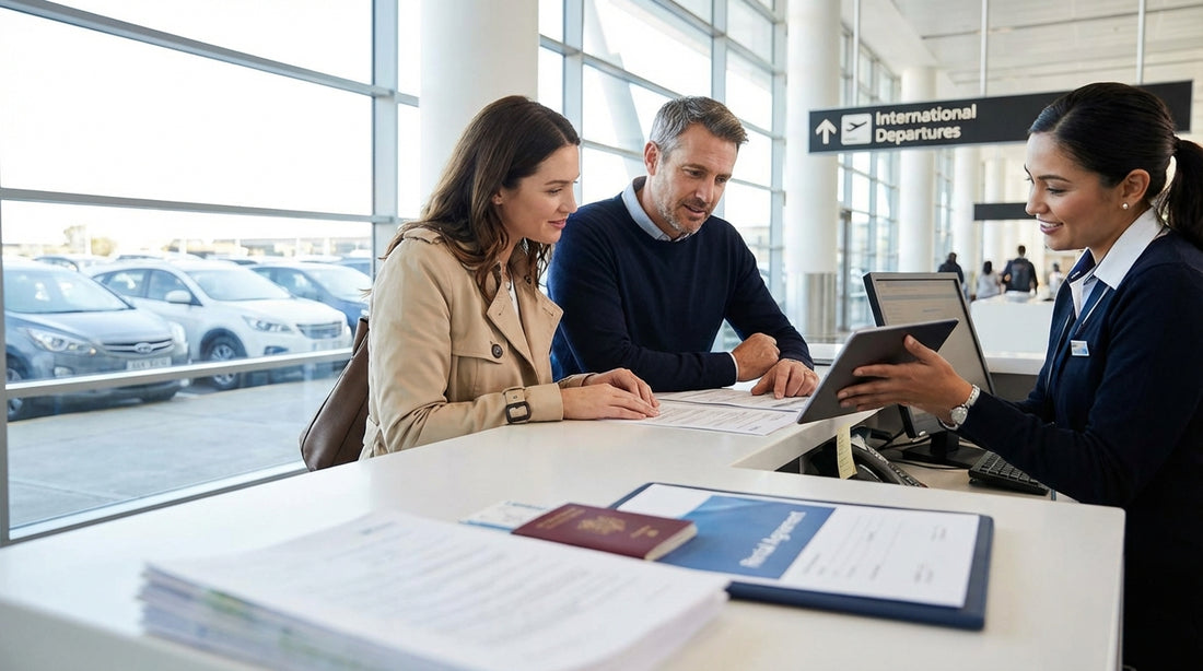 A car hire driving toward the New York City skyline over a bridge on a clear, sunny day