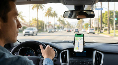 View from a car rental of a phone navigating a sunny, palm-lined street in Los Angeles