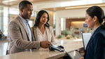 Close up of a customer handing a credit card to a car rental agent at a desk in Las Vegas