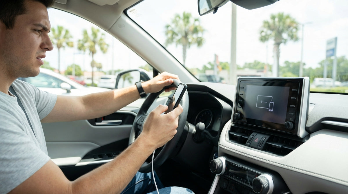 A frustrated driver in an Orlando car rental tries to connect their phone to the vehicle's dashboard screen