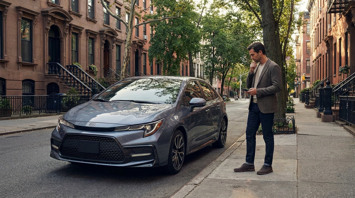 A rental car drives across the Brooklyn Bridge with the iconic New York City skyline in the background