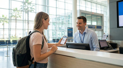 A person holds a smartphone with a digital voucher at a car rental counter in Miami