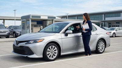 A person's hands on a US car rental counter, holding the keys to a new car with the contract lying nearby