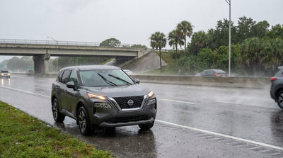 A car rental pulled over under a Florida highway overpass during a heavy downpour