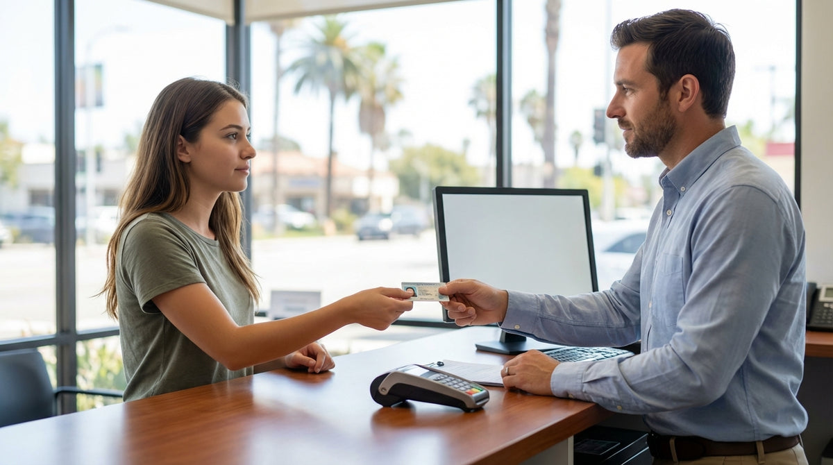 A convertible car rental driving along the scenic Pacific Coast Highway in California
