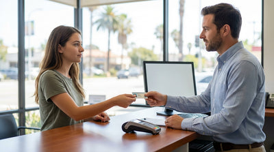 A convertible car rental driving along the scenic Pacific Coast Highway in California