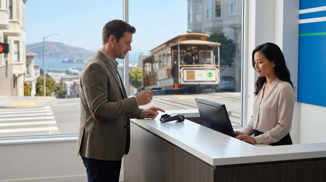 A red car hire convertible parked overlooking the Golden Gate Bridge on a sunny day in San Francisco