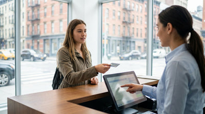 A car hire driving through a busy New York street with yellow cabs and the bright lights of Times Square