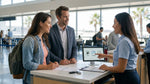 Customer reviewing paperwork with a clerk at a car hire counter in Los Angeles