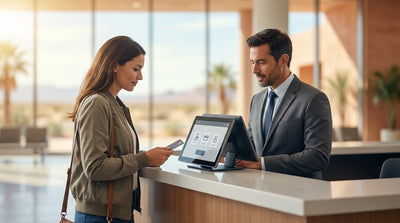 A person stands next to their car hire on a long, empty highway in West Texas