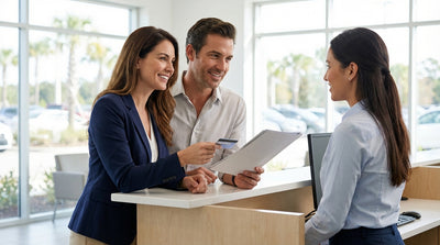 A white convertible car hire driving along a scenic, palm-lined coastal highway in Florida