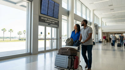 A family with suitcases stands at the car rental counter in the Miami airport arrivals hall