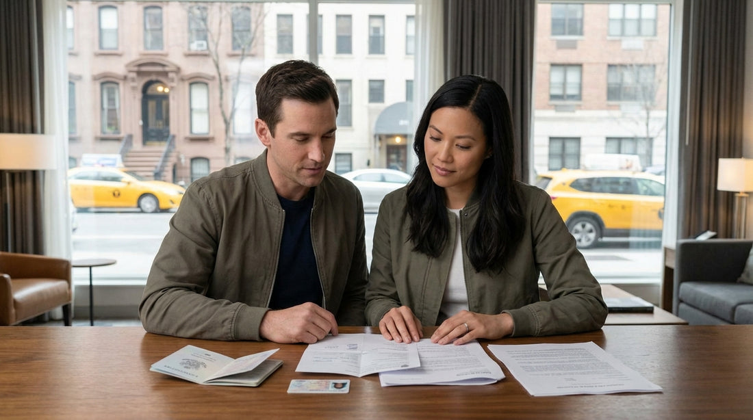Driver's hands on the steering wheel of a car rental driving through the busy, blurred streets of New York City