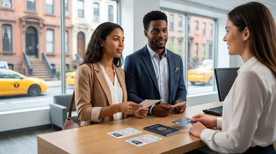 A person hands their driver's license to an agent at a car rental counter in New York