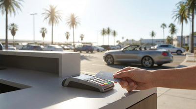 A red convertible car hire driving on a sunny coastal highway in California