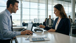 Customer handing a credit card to an agent at a car hire counter in the United Estates