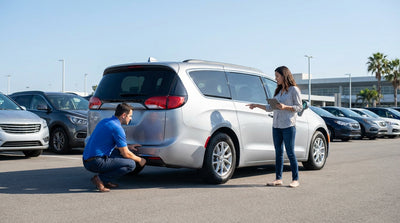 A person inspects the side of a silver sedan at a car hire agency in sunny California