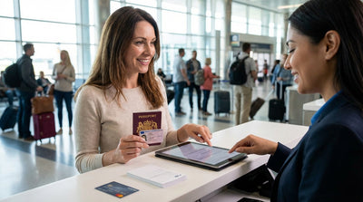 A tourist stands by their car rental with the New York City skyline in the background
