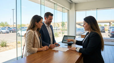 A silver car rental drives down a long highway disappearing into the vast Texas desert landscape