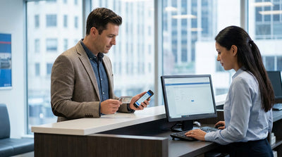A person collects keys for their car hire at a rental counter in a New York City airport