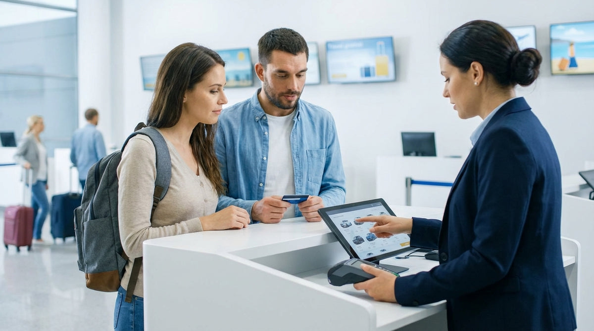 A shiny convertible car hire parked on a sunny, palm-lined coastal road in Florida