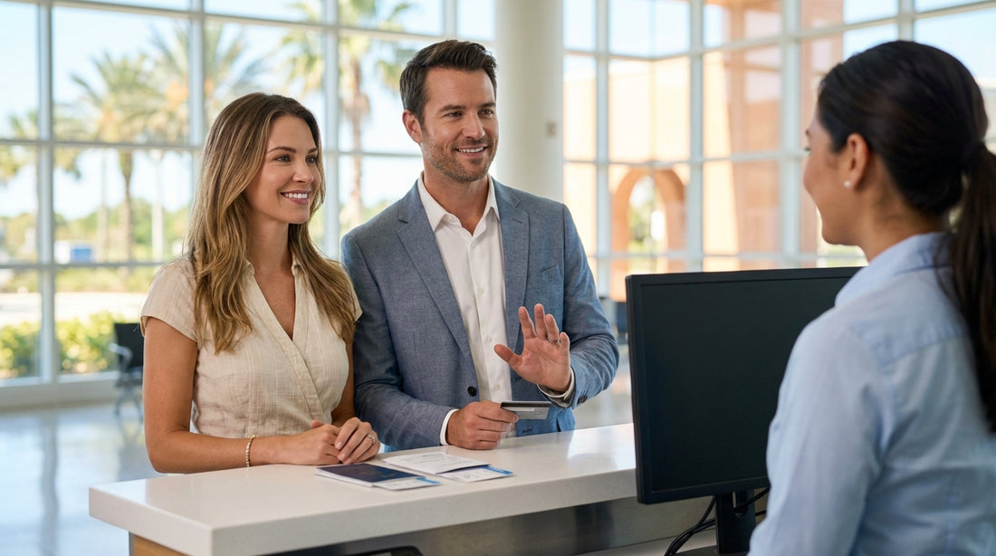 A smiling customer at a car hire counter in Orlando discussing their rental agreement with an agent