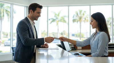 A person inspects their white convertible at a car hire pickup location in sunny Florida
