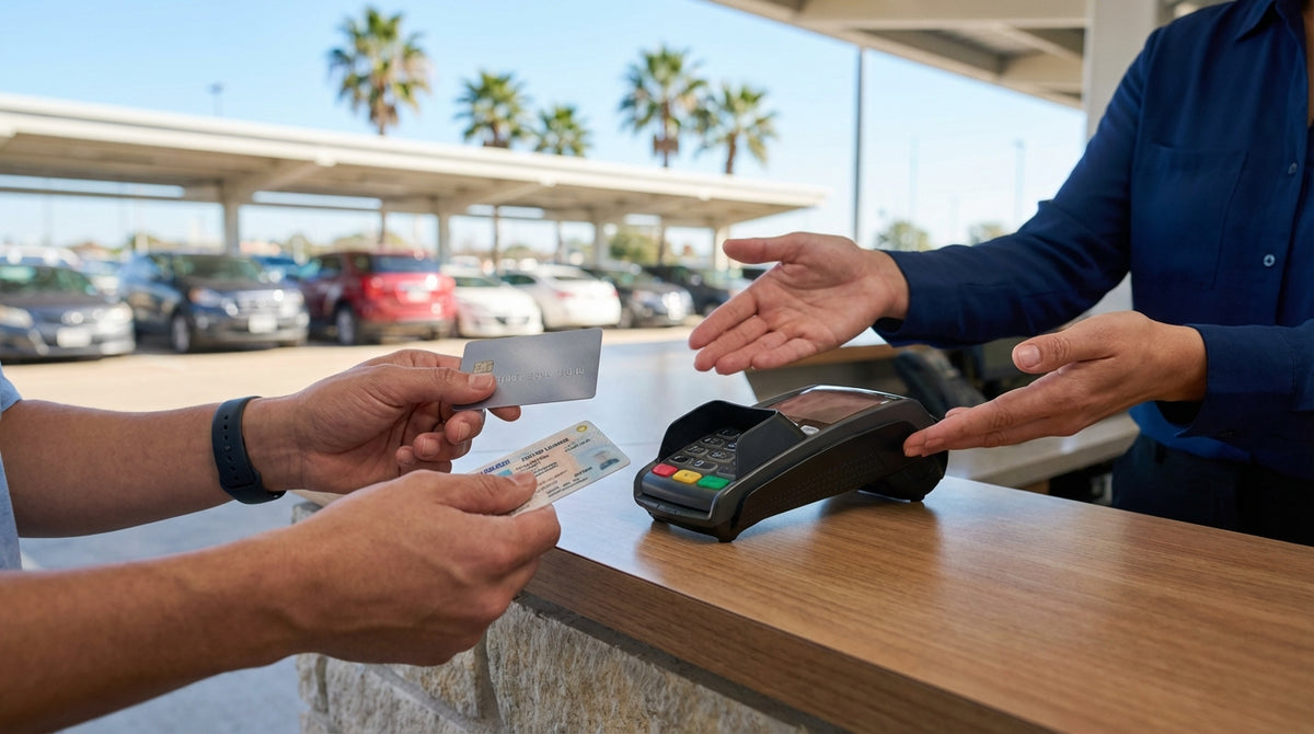 A person handing a debit card to an agent at a car hire counter in a bright Texas airport terminal