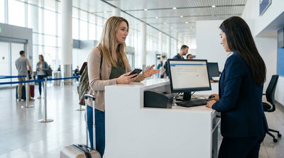 Travelers waiting in line at a busy car hire counter in the Orlando International Airport
