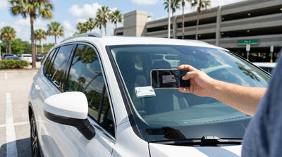Close-up of a toll pass on the windshield of a car rental vehicle in Orlando
