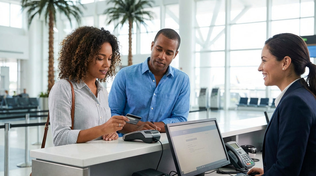 A row of brightly lit car hire desks inside the busy Orlando International Airport terminal