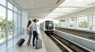The elevated MIA Mover train travelling to the Miami International Airport car rental center on a sunny day