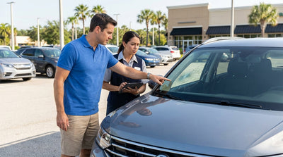 A driver inspects a chipped windscreen on their car rental vehicle in a sunny Orlando parking lot