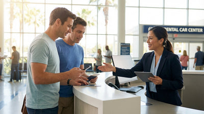 A person hands their documents to an agent at a car rental counter inside a bright California airport