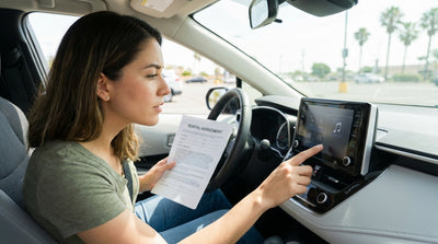 A driver inspects the dashboard of a modern car hire vehicle on a sunny street in California