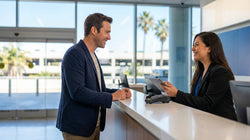 Traveler handing a credit card to an agent at a car rental desk in Los Angeles