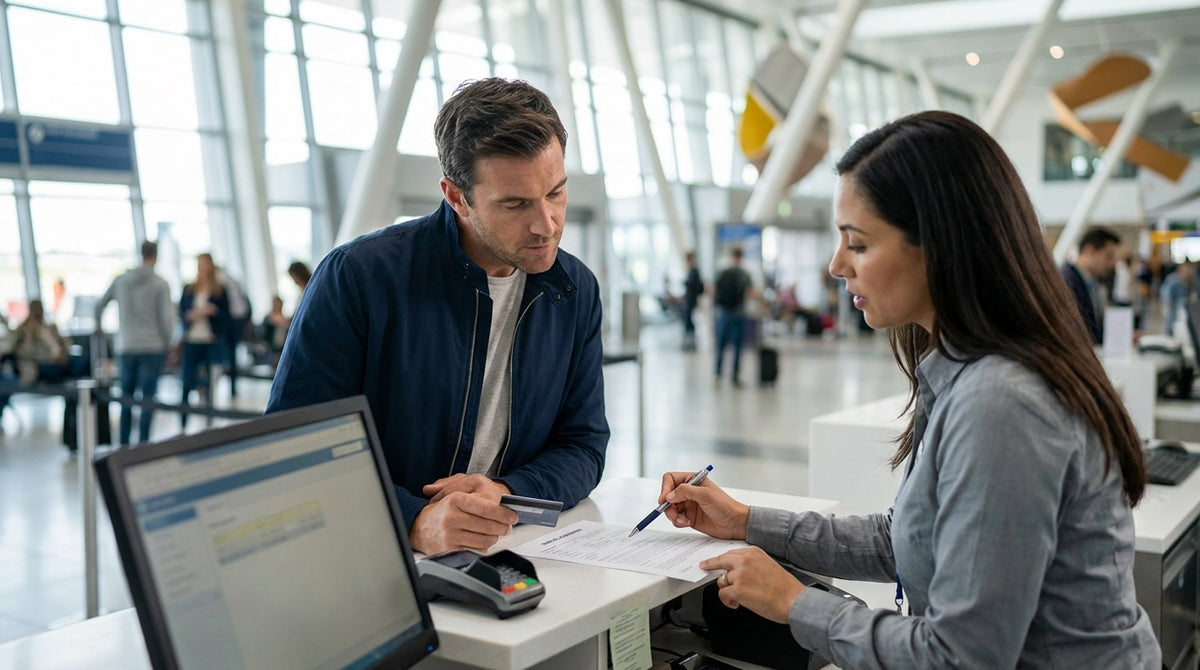 A red convertible car rental driving on a scenic highway in the United States