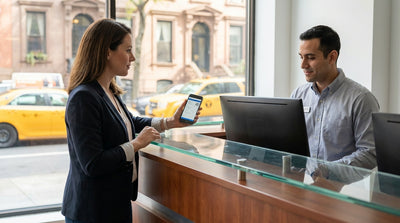 A person stands by their car rental with the New York City skyline and Brooklyn Bridge in the background