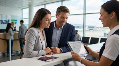 A traveler at a car rental counter in Orlando discusses the final paperwork with an agent