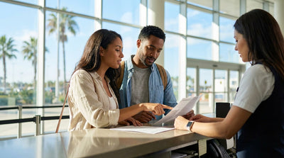 A white convertible car rental drives along a coastal road lined with palm trees in sunny Florida