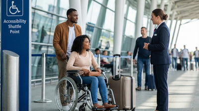 A wheelchair user boards an accessible car rental shuttle at the LAX airport terminal in Los Angeles