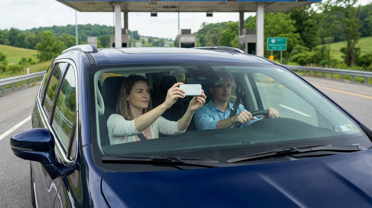 A silver car rental approaches an E-ZPass toll gantry on a highway in Pennsylvania