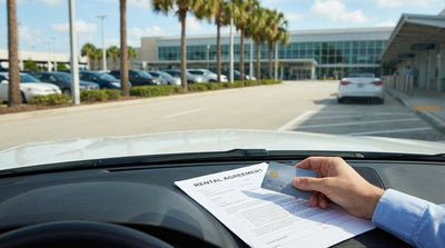 A red convertible car rental driving along a scenic, palm-lined coastal highway in Florida