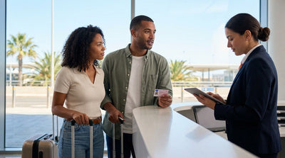 Red convertible car rental on Ocean Drive in Miami with sunny Art Deco buildings and palm trees in the background