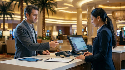 A shiny red convertible car hire parked in front of the famous Welcome to Las Vegas sign on a bright sunny day